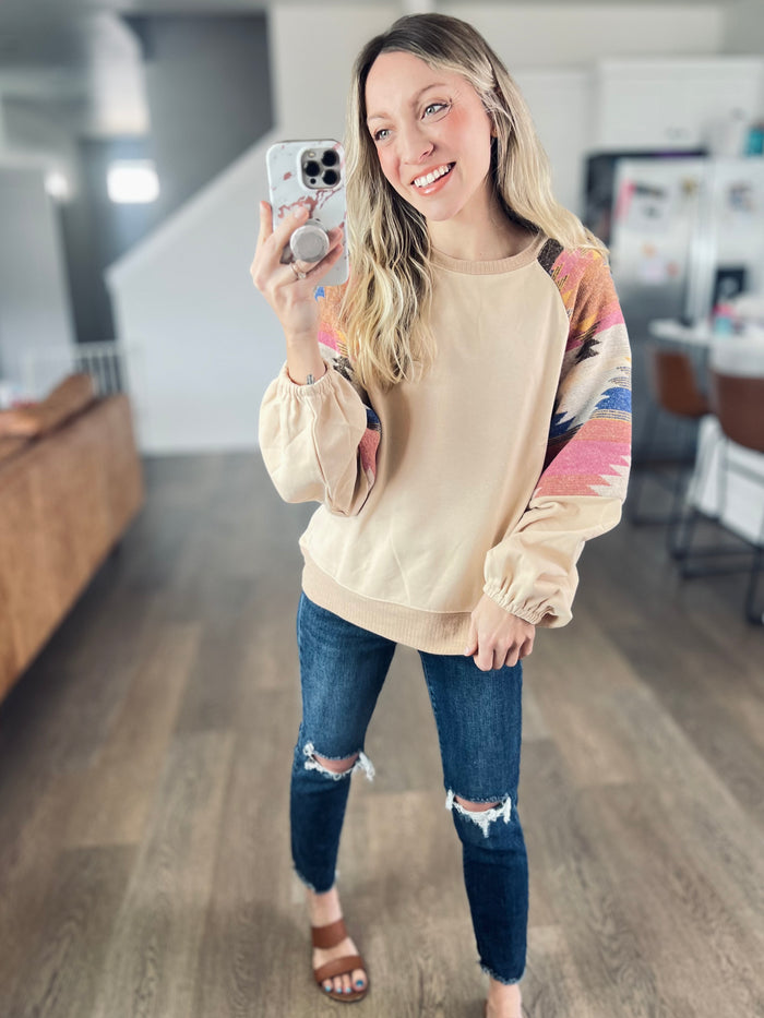 French Beige Aztec Pullover