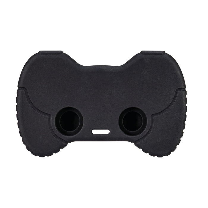 Black Game Controller Teether made of silicone, featuring two circular cutouts, ribbed grips on both sides, and a small rectangular opening below the circles, shown against a white background. This baby teething toy offers a playful controller-inspired design and soothing comfort for little ones.