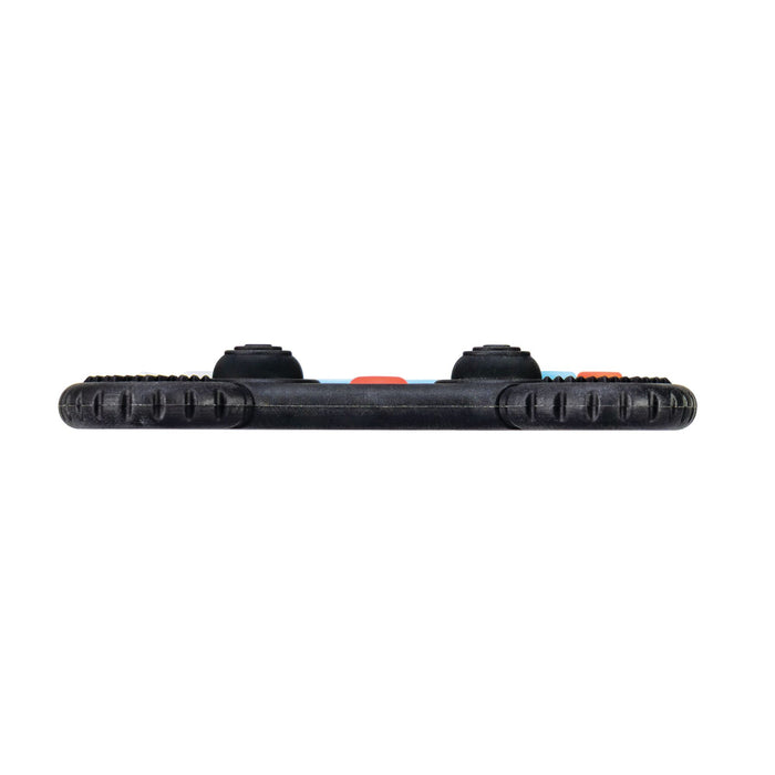 A Game Controller Teether lies flat, viewed from the bottom, featuring thick, textured edges and side buttons reminiscent of a black smartphone case. Inspired by a game controller, it combines durability with a tactile grip. The background is plain white.