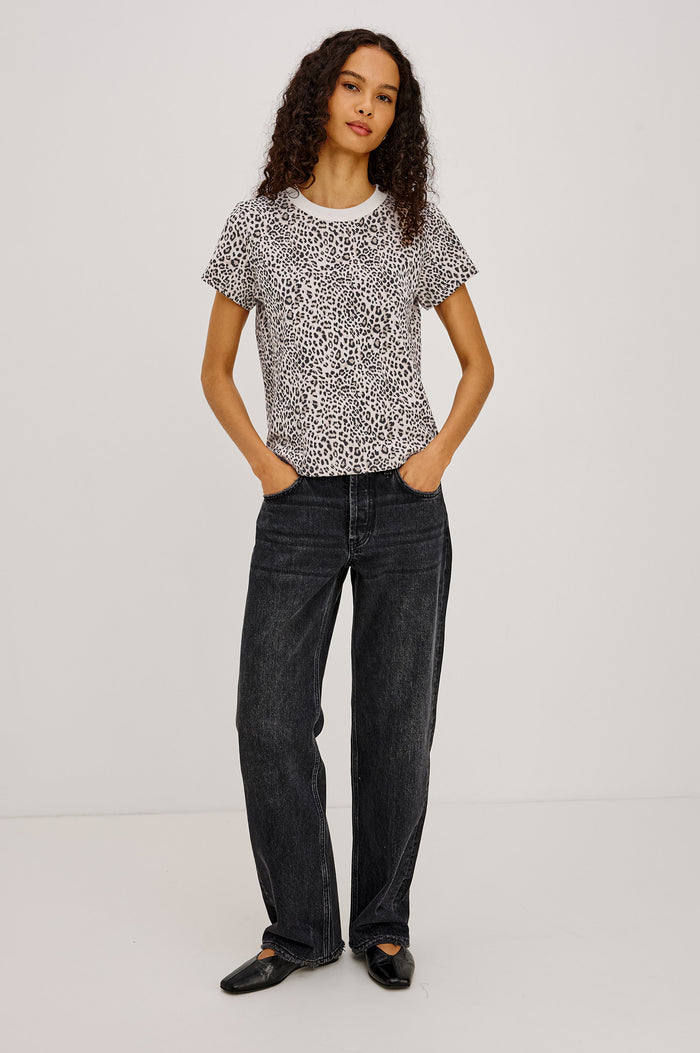 Girlfriend T-Shirt in Midweight Cotton With Slightly Cropped Boxy Fit, Crew Neck, and Short Sleeves in Ecru Cheetah Colorway - Full Body Front View Featured on Model