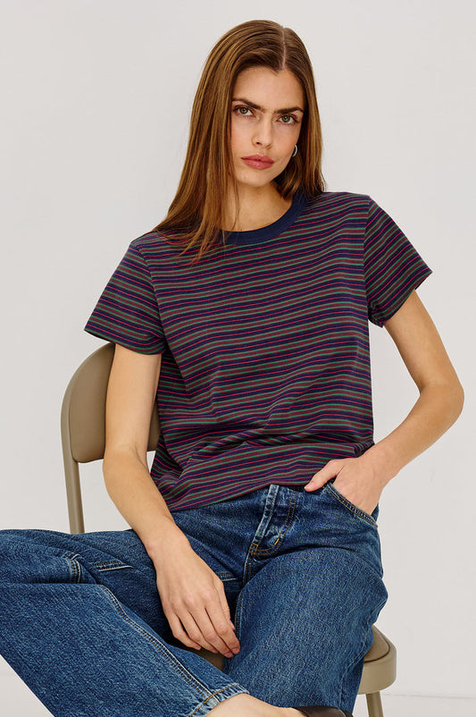 Girlfriend T-Shirt in Midweight Cotton With Slightly Cropped Boxy Fit, Crew Neck, and Short Sleeves in Maroon Navy Stripe Colorway - Full Body View Featured on Model