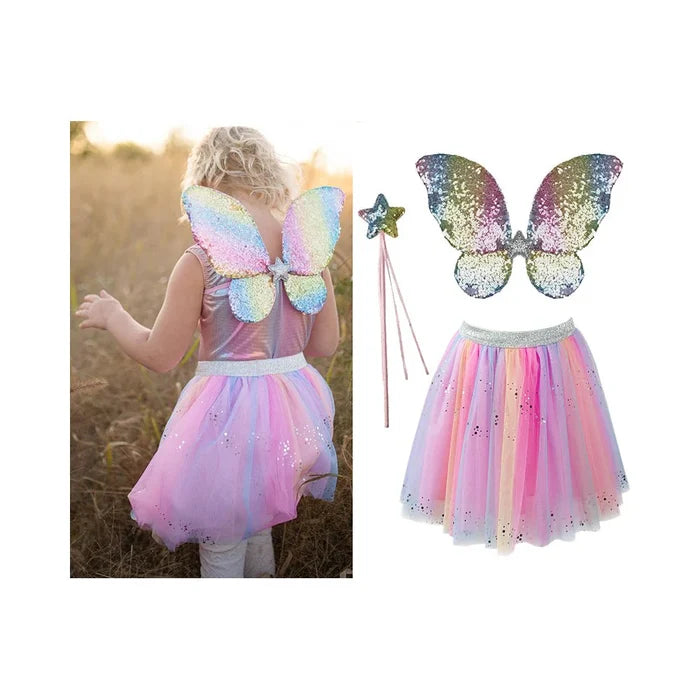 Great Pretenders Rainbow Sequins Skirt Wings Wand 4-6