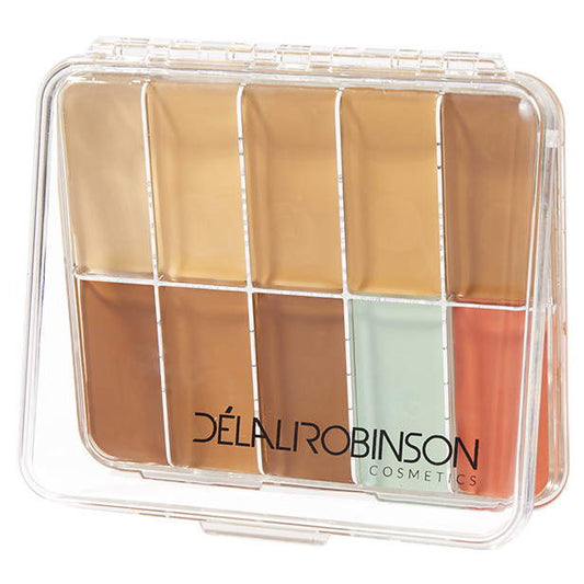 A clear palette containing various shades of liquid foundation, segmented into individual wells, with a brand logo at the bottom.