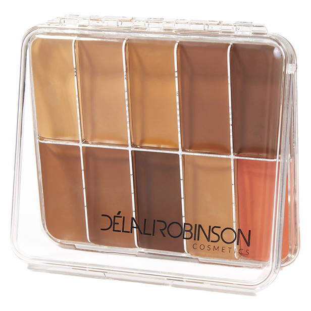 A clear palette containing various shades of liquid foundation, segmented into individual wells, with a brand logo at the bottom.