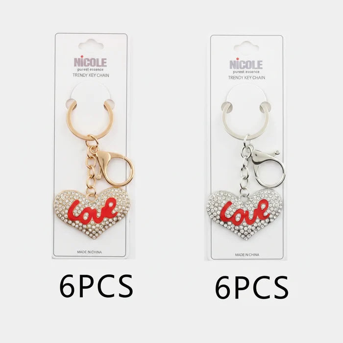 Heart-Shaped Rhinestone "Love" Keychain – Gold & Silver Wholesale Pack (QE3132)