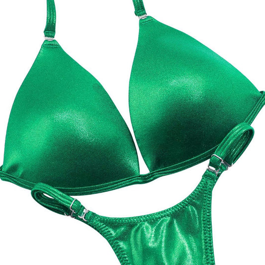 Hologram Kelly Posing Practice Suit in shiny green for NPC bikini competition suit and figure competition suits