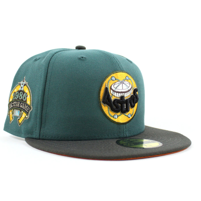 Houston Astros 1986 ALL STAR GAME New Era 59Fifty Fitted Hat (PINE NEEDLE GREEN DARK PEWTER RUST ORANGE Under Brim)