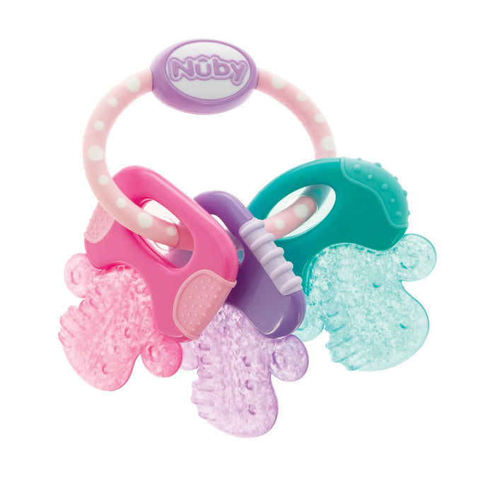 Nuby IcyBite Teether Keys | Pastels features a pink and white polka dot handle and three textured pastel key-shaped teethers in pink, purple, and blue to soothe sore gums.