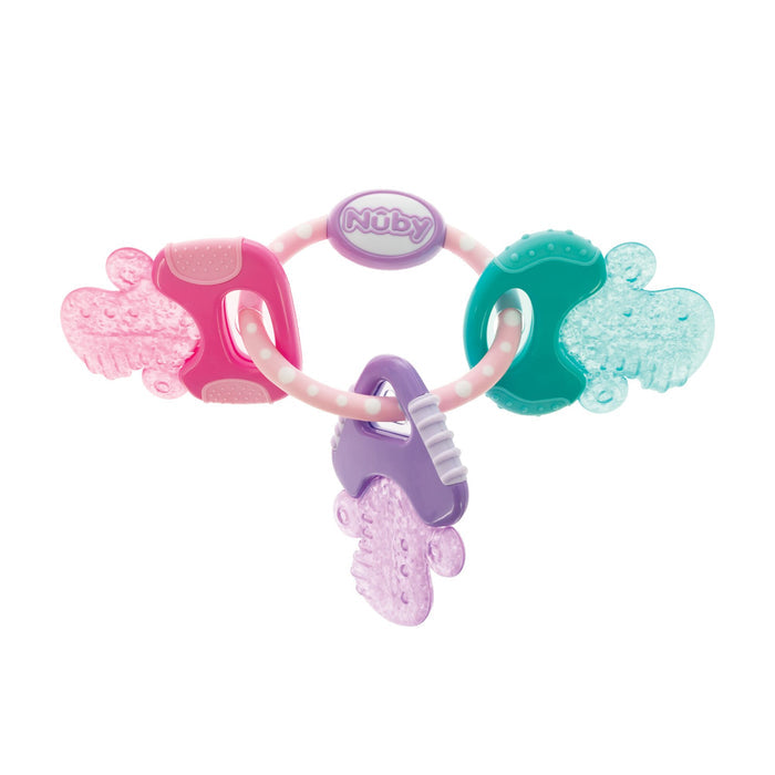 The Nuby IcyBite Teether Keys | Pastels features four textured, animal-shaped teethers in pink, red, purple, and blue on a circular ring labeled Nuby.