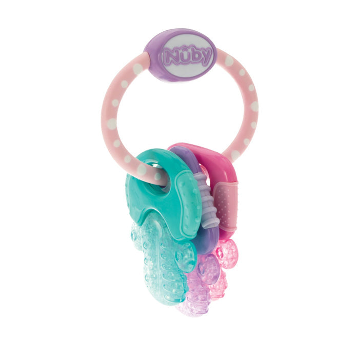 The Nuby IcyBite Teether Keys | Pastels is a baby teething toy with a pink and white polka dot ring and three textured keys in teal, purple, and pink. The Nuby brand is displayed on the top of the ring.