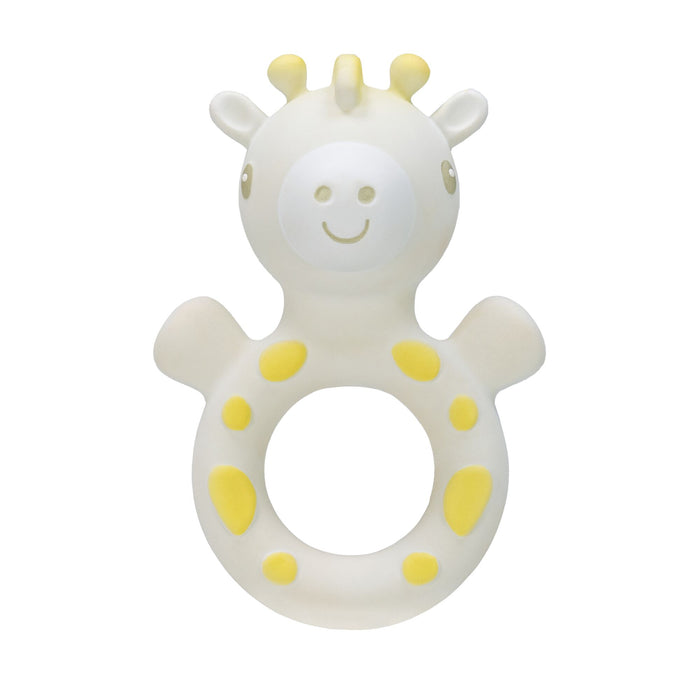 Jackie the Giraffe Natural Rubber Teething Ring is a white and yellow giraffe-shaped baby teething toy with a ring-shaped body, two small arms, a smiling face, and yellow spots, designed to support sensory development.