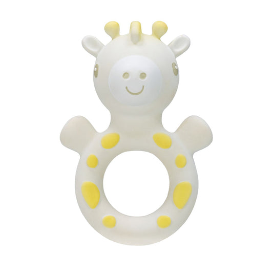 Jackie the Giraffe Natural Rubber Teething Ring is a white and yellow giraffe-shaped baby teething toy with a ring-shaped body, two small arms, a smiling face, and yellow spots, designed to support sensory development.