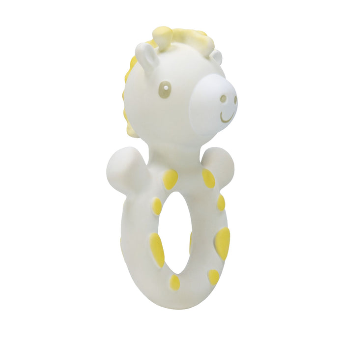 Jackie the Giraffe Natural Rubber Teething Ring is a white giraffe-shaped baby teether featuring yellow spots, a cheerful smiling face, and a round handle hole in the center. Made from natural rubber, this toy is designed to support sensory development for little ones.