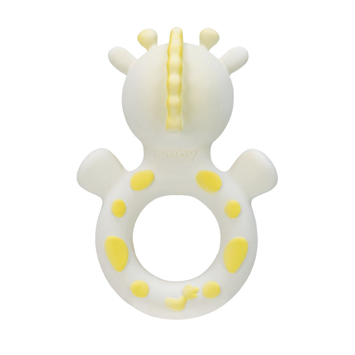 Jackie the Giraffe Natural Rubber Teething Ring is a white and yellow giraffe toy with a circular handle and raised spots, designed for easy gripping and sensory development.