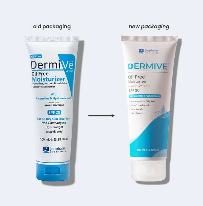 Comparison of DermiVe oil-free moisturizer with old and new packaging on a white background