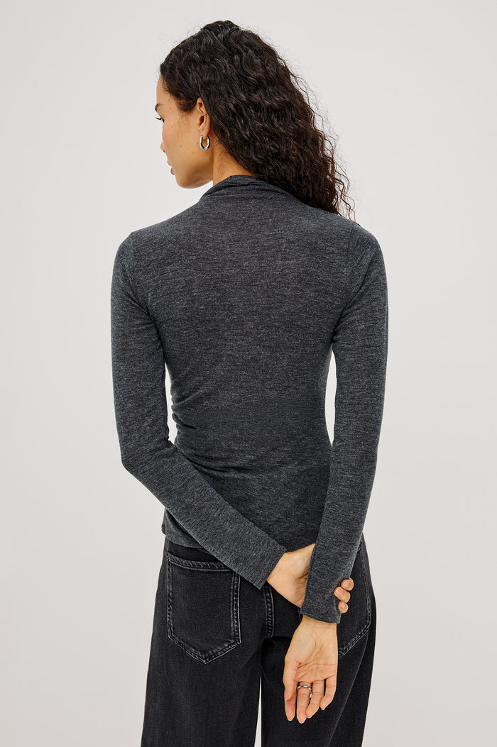 Joelle Top in Soft Jersey With High Funnel Neckline, Long Sleeves, Self-Lined Body, and Asymmetric Ruching at Shoulder and Waist in Charcoal Colorway - Upper Body Back View Featured on Model