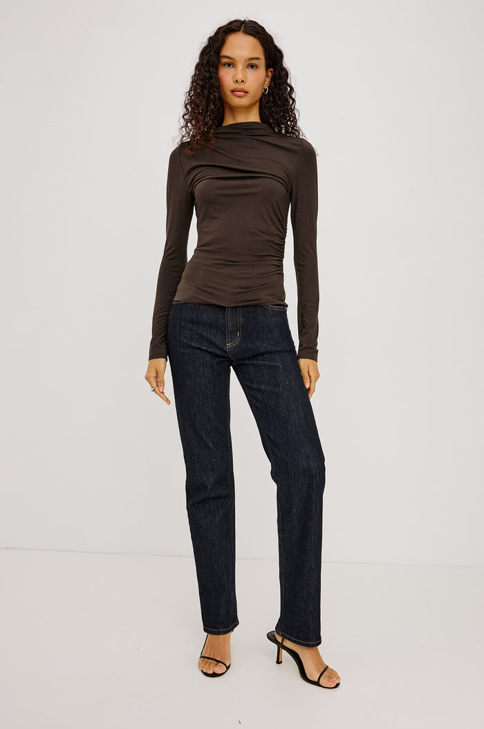 Joelle Top in Soft Jersey With High Funnel Neckline, Long Sleeves, Self-Lined Body, and Asymmetric Ruching at Shoulder and Waist in Black Onyx Colorway - Upper Body Front View Featured on Model