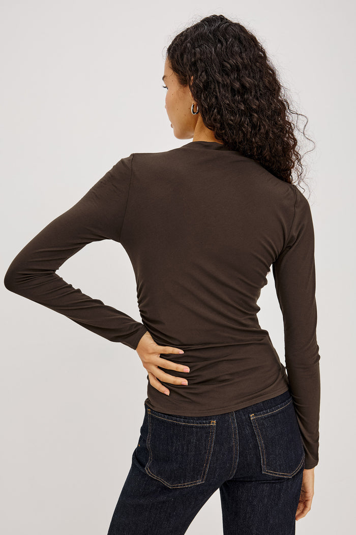 Joelle Top in Soft Jersey With High Funnel Neckline, Long Sleeves, Self-Lined Body, and Asymmetric Ruching at Shoulder and Waist in Black Onyx Colorway - Upper Body Back View Featured on Model