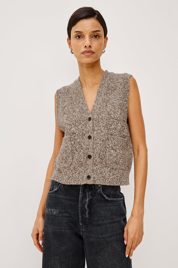 Kasmir Sleeveless Vest in Recycled Poly Knit Blend With V-Neckline, Front Buttons, and Front Patch Pockets in Brown Melanga Colorway - Upper Body Front View Featured on Model