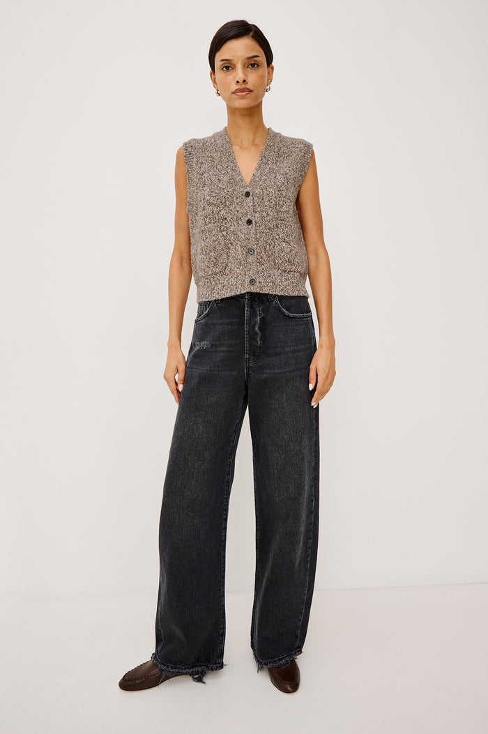 Kasmir Sleeveless Vest in Recycled Poly Knit Blend With V-Neckline, Front Buttons, and Front Patch Pockets in Brown Melanga Colorway - Full Body Front View Featured on Model