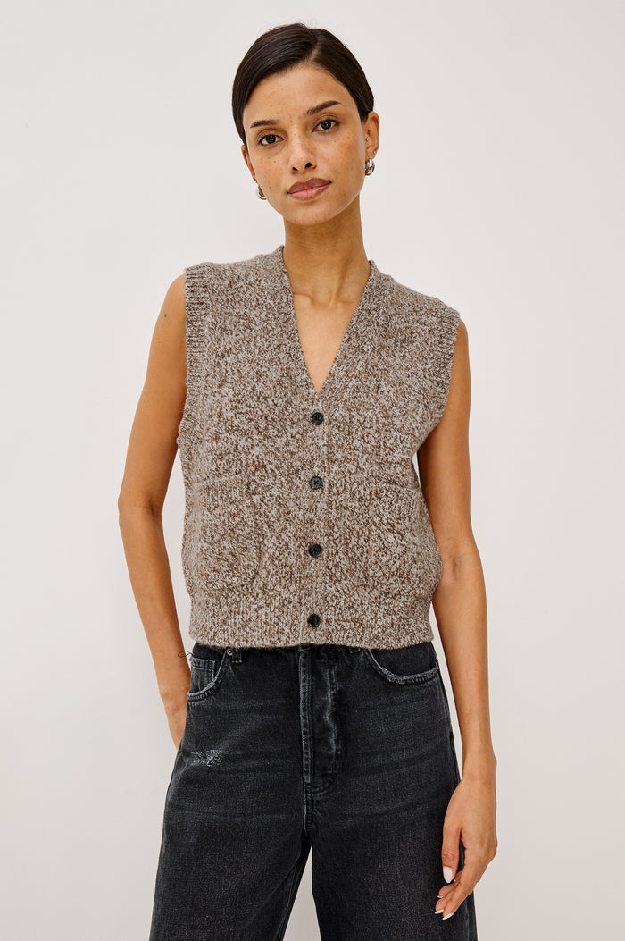 Kasmir Sleeveless Vest in Recycled Poly Knit Blend With V-Neckline, Front Buttons, and Front Patch Pockets in Brown Melanga Colorway - Upper Body Front View Featured on Model