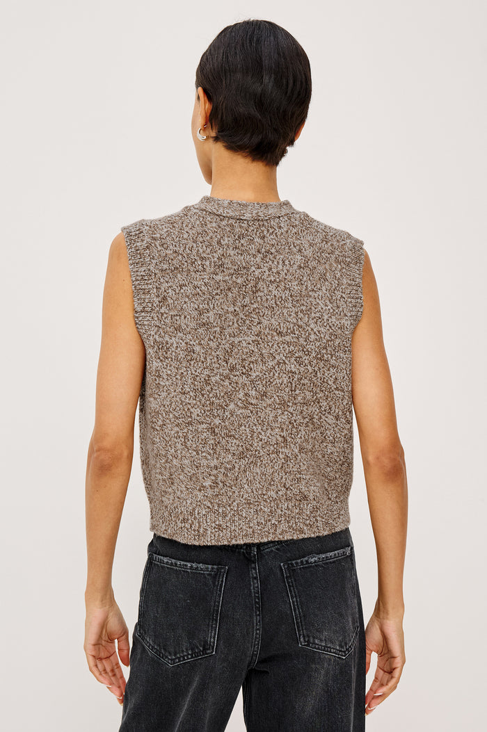 Kasmir Sleeveless Vest in Recycled Poly Knit Blend With V-Neckline, Front Buttons, and Front Patch Pockets in Brown Melanga Colorway - Upper Body Back View Featured on Model