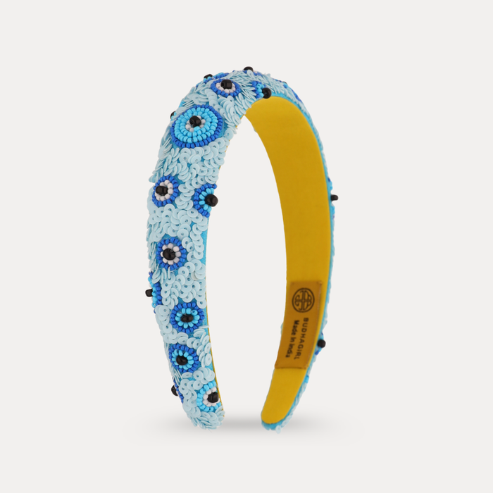 a headband with blue flowers