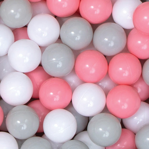 A close-up of a pile of light pink, white, and gray balls from the Kids' Ball Pit for Home with 200 Balls | Pink—ideal for creating a fun and safe play space.