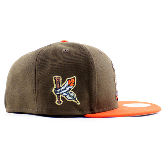 Kinston Indians Baseball Patch New Era 59Fifty Fitted Hat (Walnut Orange Gray Under Brim)