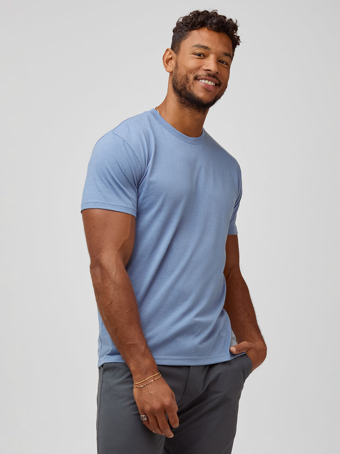Nico is 6'4" and wears size L-Tall # Premium Lakeshore Crew Neck Men's Tees | Find Your Size (S-4XL & Tall)