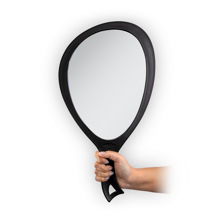 Zadro ZHSL1BLK 705004424837 product photo front view user holding handle, new large teardrop handheld mirror with hanging handle in front of a white background