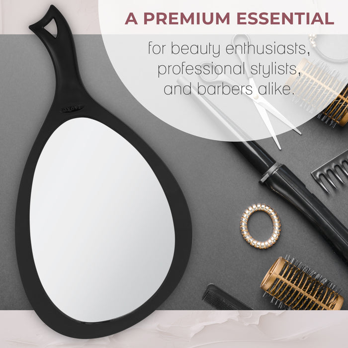 Zadro ZHSL1BLK 705004424837 environment photo front view on table with hair accessories with features, new large teardrop handheld mirror with hanging handle in front of a real life setting