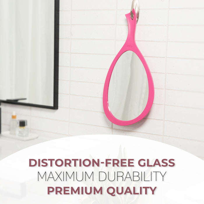 Zadro ZHSL1BROSE 705004424851 environment photo side view hanging by ergonomic handle hook on bathroom wall with features, new large teardrop handheld mirror with hanging handle in front of a real life setting