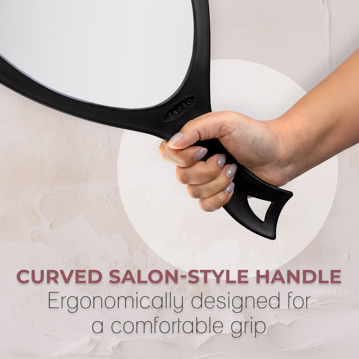 Zadro ZHSL1BLK 705004424837 product photo front view user holding ergonomic handle on textured background with features, new large teardrop handheld mirror with hanging handle in front of a white background