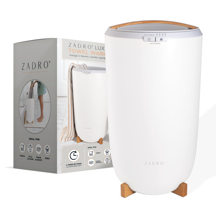 Zadro TWB01 705004422918 product photo front view with packaging, large towel warmer bucket in front of a white background