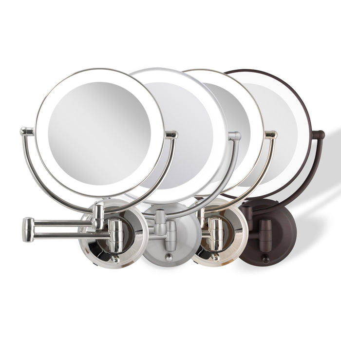 Zadro LEDW410 705004419475 product photo front view all finishes, lighted wall mounted makeup mirror with magnification & extendable arm in front of a white background