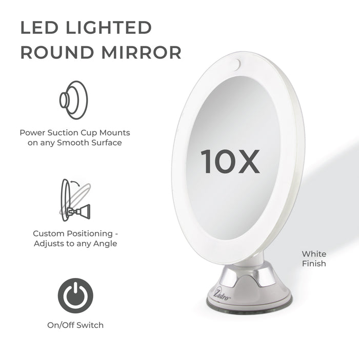 Zadro LEDPSC110 705004420884 product photo side view with specs, lighted wall mounted makeup mirror with magnification & suction cup in front of a white background
