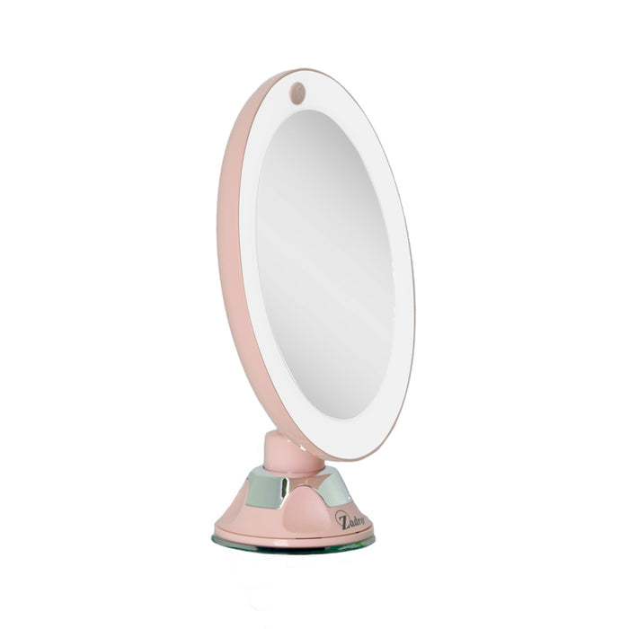 Zadro LEDPSC2002 705004422055 product photo side view, lighted wall mounted makeup mirror with magnification & suction cup in front of a white background
