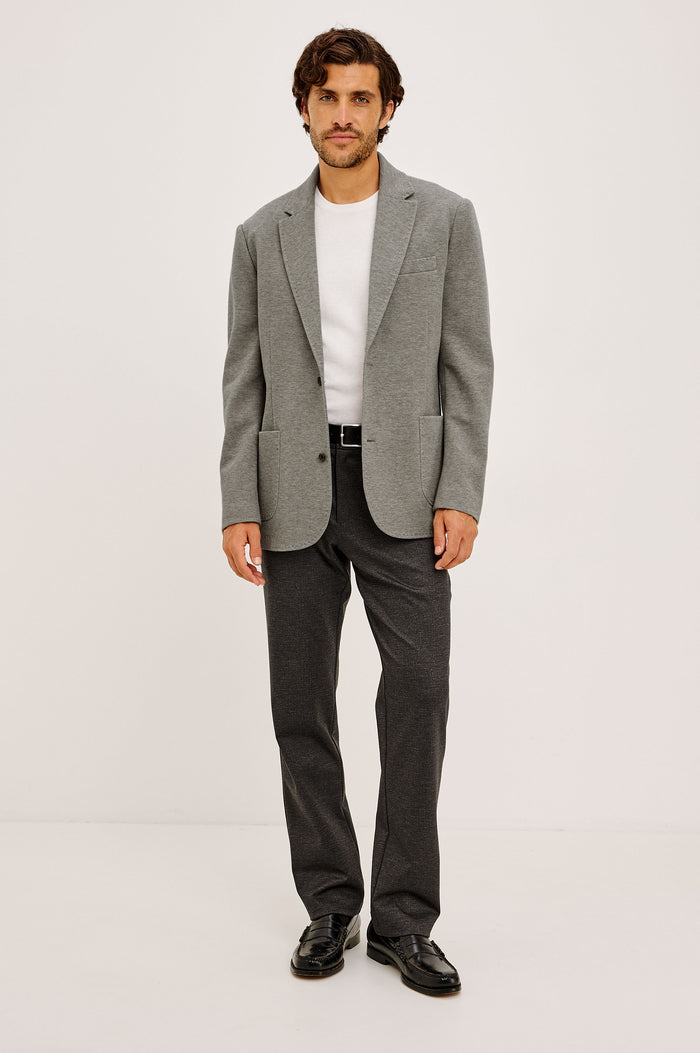 Lorenz Blazer in Ponte Jersey With Single-Breasted Design, Relaxed Fit, Jersey Lining, Notched Lapels, Chest Welt Pocket, Side Patch Pockets, Button-Cuff Long Sleeves, and Double Back Vents in Walnut Heather Colorway - Full Body Front View Featured on Model