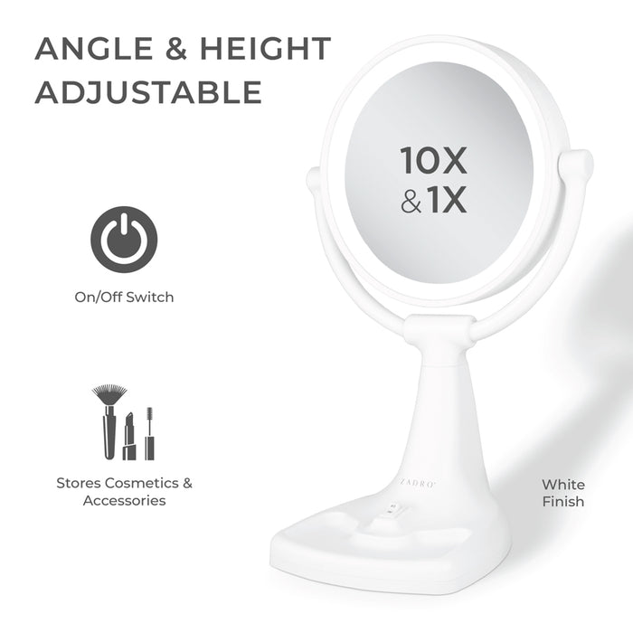 Zadro MAX110 705004420549 product photo side view with specs, max bright lighted makeup mirror with magnification & storage tray in front of a white background