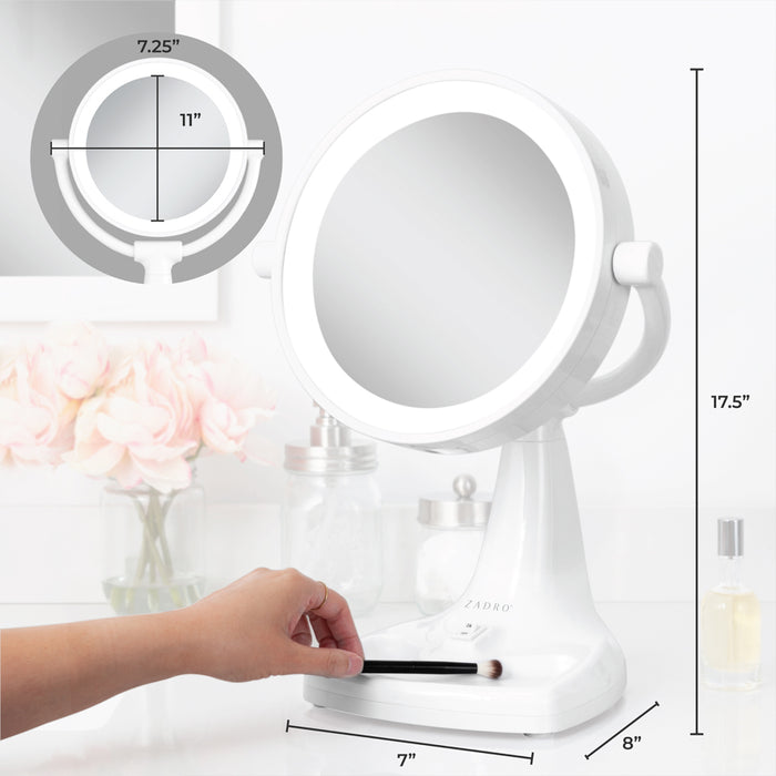 Zadro MAX110 705004420549 environment photo side view on bathroom countertop with dimensions, max bright lighted makeup mirror with magnification & storage tray in front of a real life setting