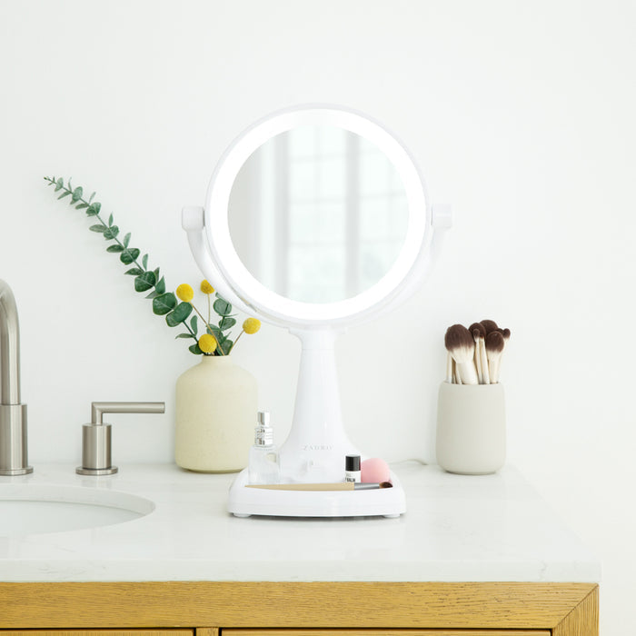 Zadro MAX110 705004420549 environment photo front view sitting on bathroom countertop, max bright lighted makeup mirror with magnification & storage tray in front of a real life setting