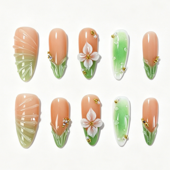 Long Almond Press On Nails, Peach Green Gradient 3D White Flower Water Drop Gold Bead Fake Nail Set