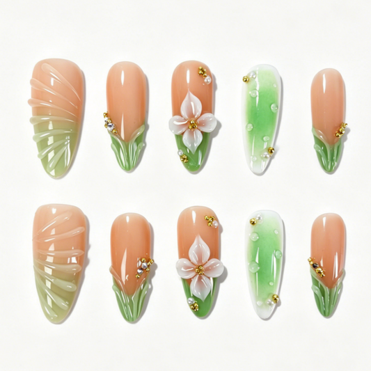 Long Almond Press On Nails, Peach Green Gradient 3D White Flower Water Drop Gold Bead Fake Nail Set