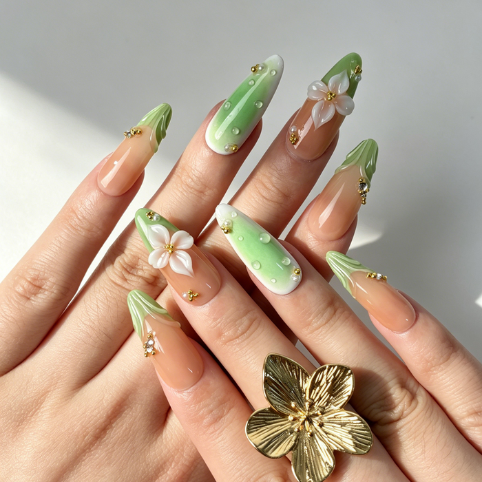 Fresh Spring Press On Nails, Nude Peach Green Gradient 3D Floral Embossed Nails on Hand