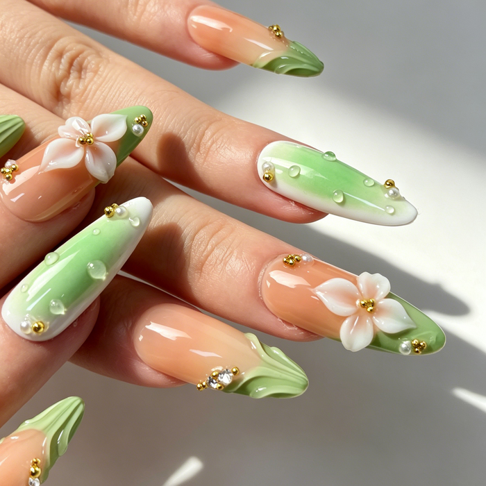 Close Up Nail Art, 3D White Petal Flower Embossed Water Drop Gold Bead Rhinestone Decor
