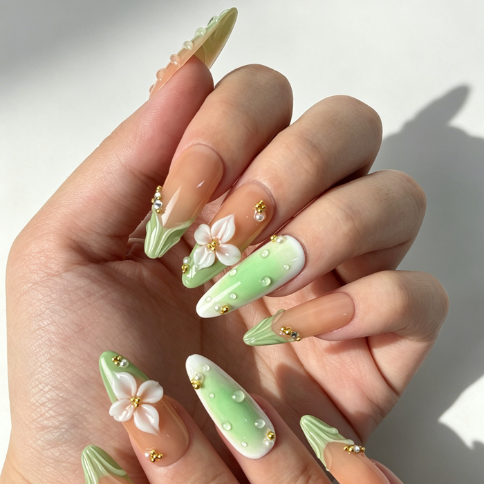 Minimal Fresh Floral Press On Nails, Long Almond Peach Green Fake Nails