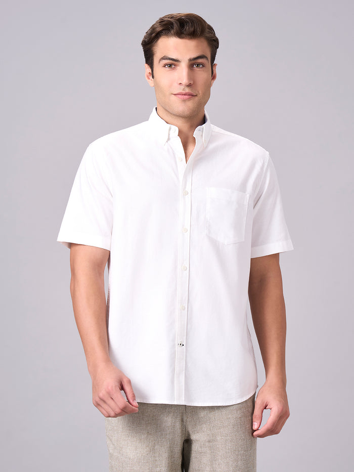 Men's 100% Cotton Regular Fit Band Collar Short Sleeve Shirt White