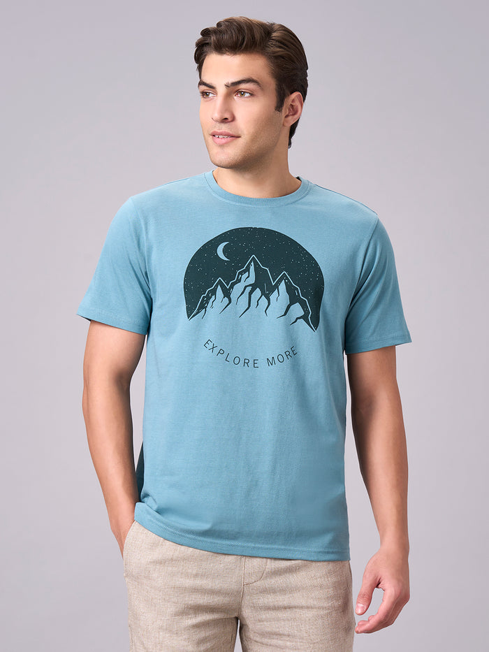 Men's 100% Cotton Regular Fit Half Sleeves Graphic T-shirt Aqua