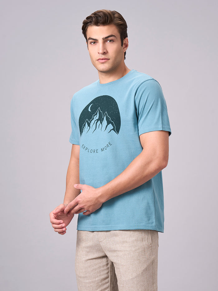 Men's 100% Cotton Regular Fit Half Sleeves Graphic T-shirt Aqua